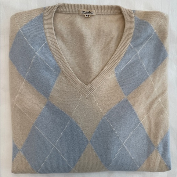Malo V-Neck Cashmere Sweater in Beige and Light Blue Argyle Vintage EXCELLENT